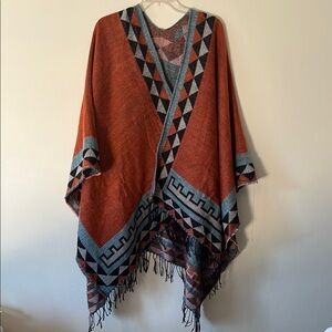 Geometric Patterned Poncho Sweater - burnt Orange and Blue